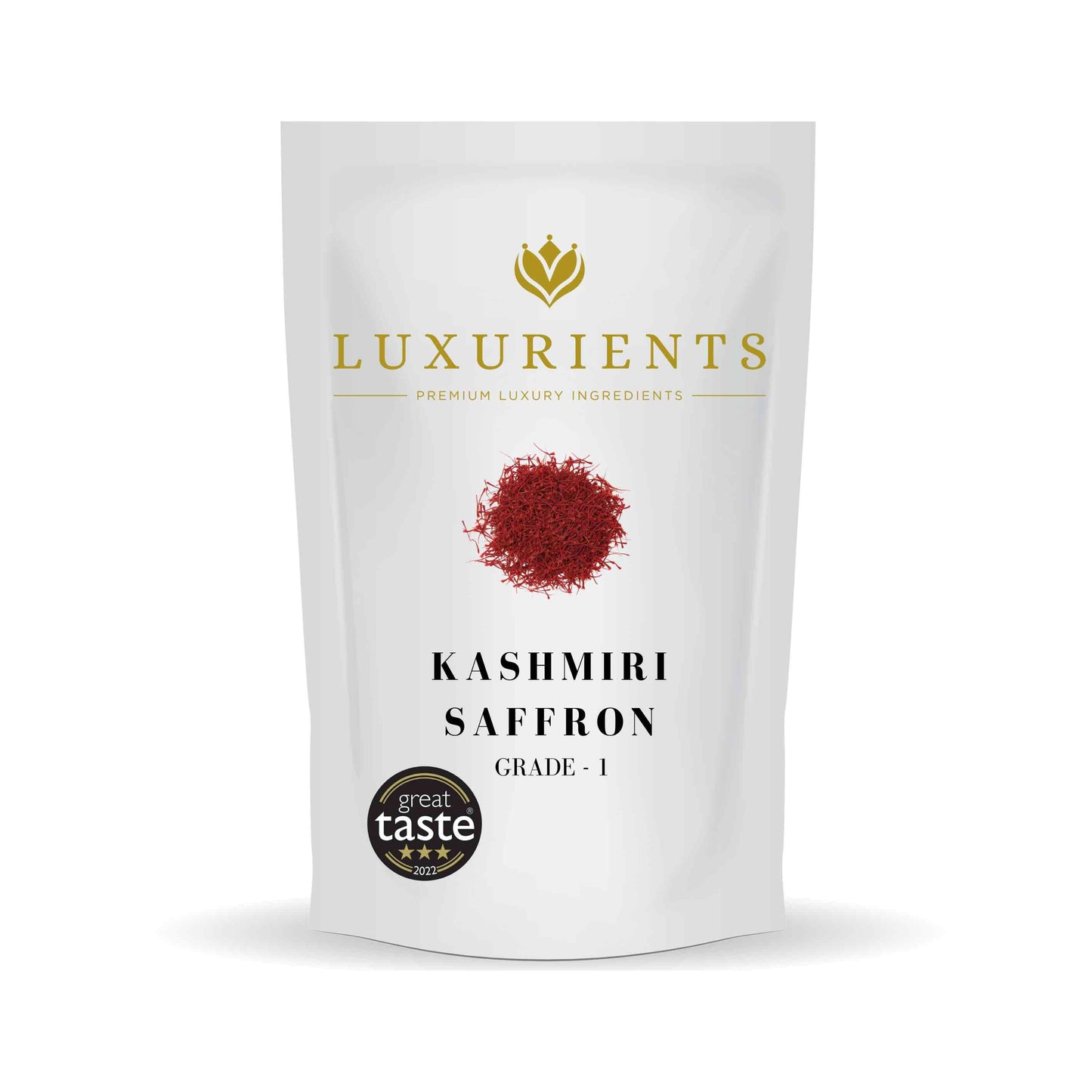 Package of Luxurients Kashmiri Saffron, Grade-1, with a great taste award sticker.