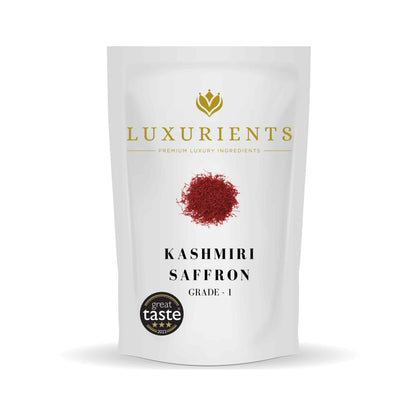 Package of Luxurients Kashmiri Saffron, Grade-1, with a great taste award sticker.